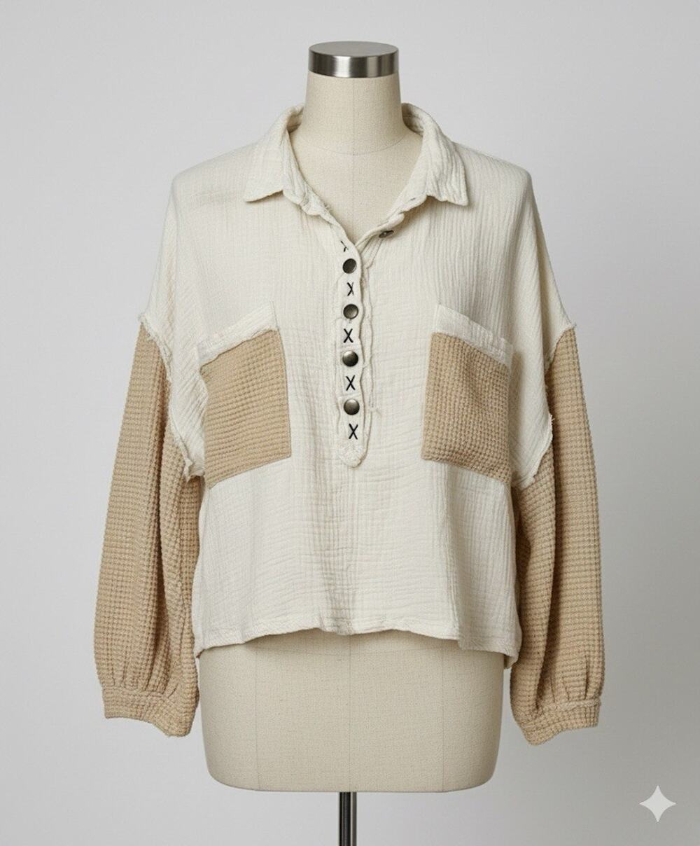 POL Gorpcore, Cottagecore, Artsy Double Gauze Large Cream/Tan Waffle Knit Cotton